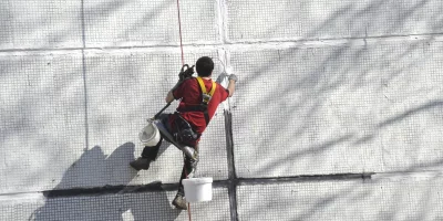 The worker seals hermetically seams of the panel house. Work at height.